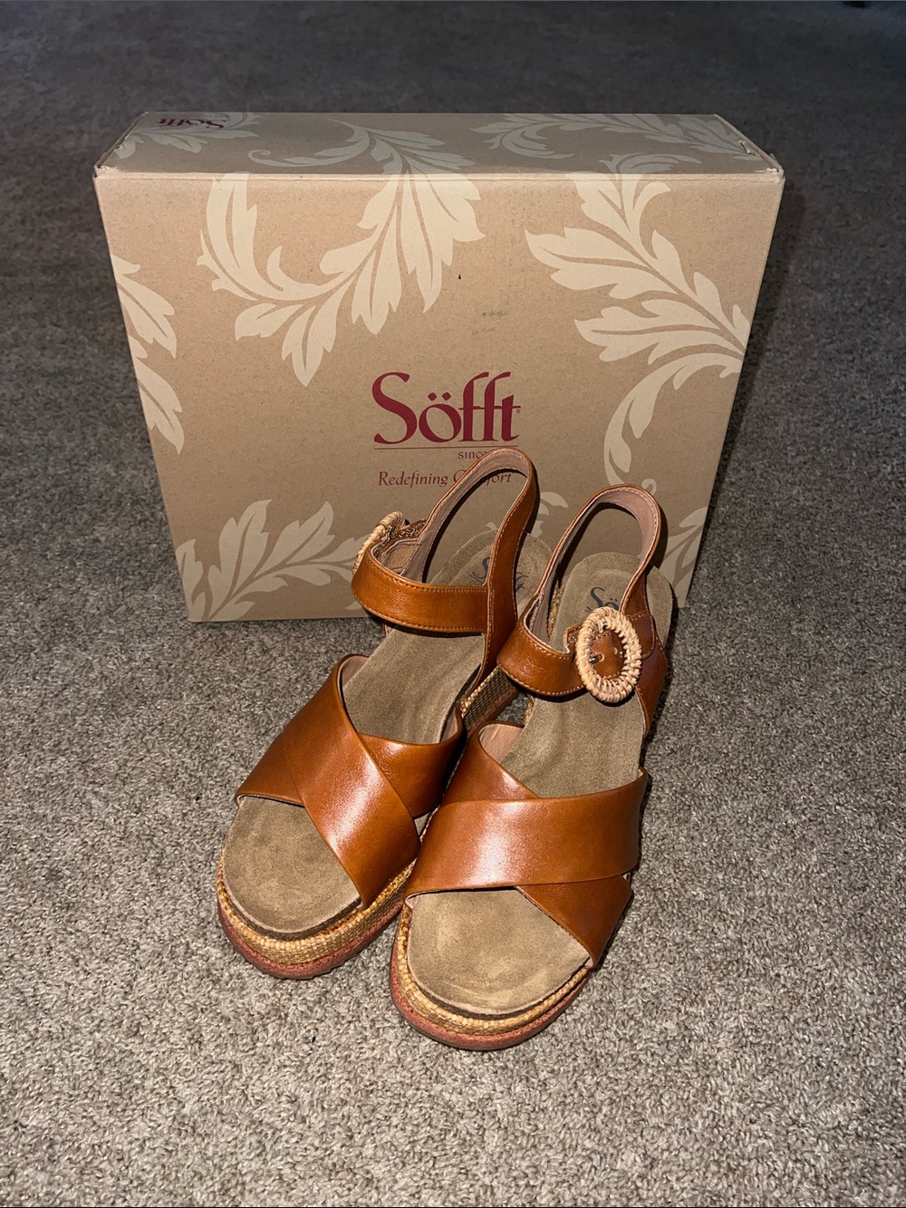 Sofft Dorathy Brown Leather Raffia Wedge  Sandal